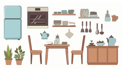 Cute Kitchen Dining Elements Vector Set with Fridge Oven Shelves and Cooking Furniture