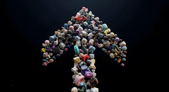 Arrow shape formed by small colorful abstract 3d objects on black background concept of building growth and development