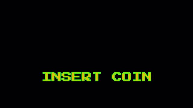 Insert Coin Text Animation on 8 Bit Retro Game Black Background with VHS Style Static and Motion Graphics for Vintage Arcade Games 4k video