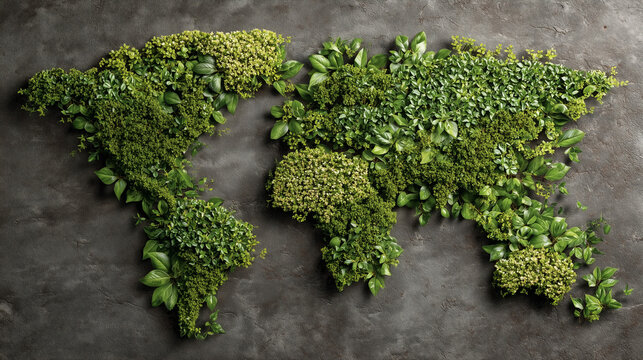 The world map is vividly depicted using a vibrant arrangement of various green leaves and plants, symbolizing global ecology.