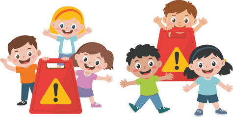 Obraz premium Cartoon children with safety signs, cheerful educational illustration promoting awareness, caution, and child-friendly safety design for schools and communities