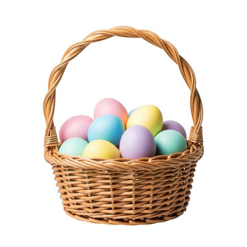 Woven easter basket filled with colorful eggs isolated on transparent background