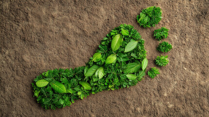 A distinct human footprint artfully composed of fresh green leaves rests on a textured earthy brown surface.