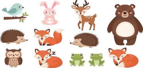 Set of Cute Woodland Animal Illustrations &ndash; Bird, Bunny, Deer, Bear, Hedgehog, Owl, Frog, and Fox Vector Art