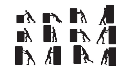 A collection of black silhouettes depicting people pushing and pulling blocks of various sizes © pixelzoo