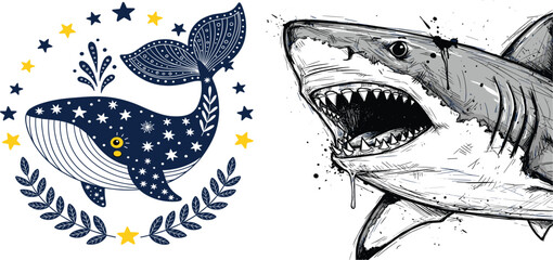Vintage whale constellation emblem and realistic great white shark sketch vector illustration nautical tattoo design set © Selim Studio