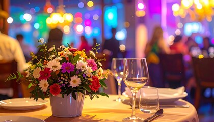 A table set for dinner with flowers, wine glasses
