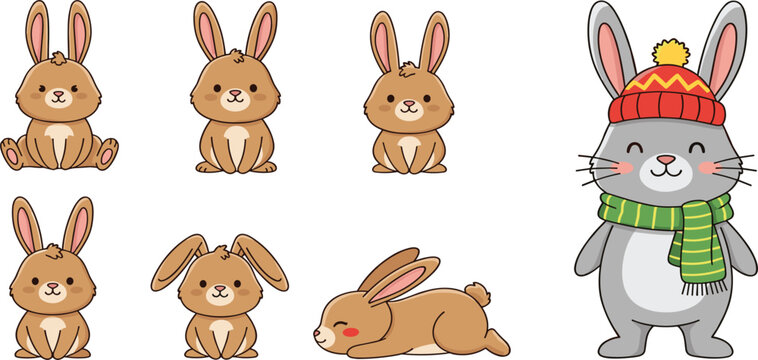 Winter Themed Cute Bunnies - Brown Rabbits and Grey Bunny in Hat and Scarf