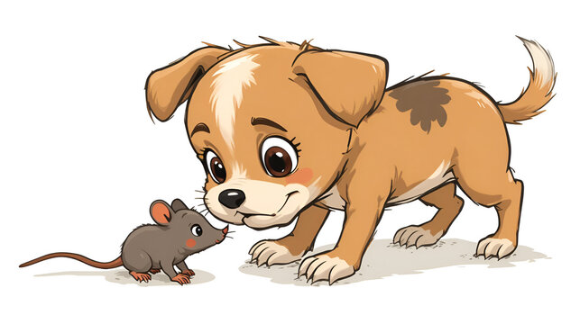 Funny cartoon little dog sniffs the mouse, illustration, isolated on white.