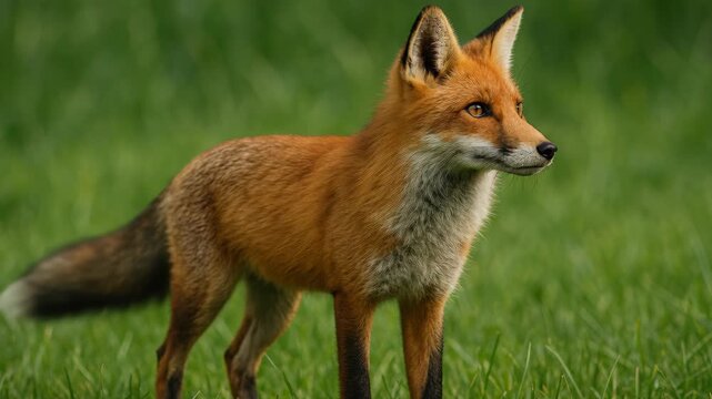 Red Fox in Lush Greenery: A stunning red fox stands proudly in a field of vibrant green, its fiery fur contrasting with the verdant backdrop, a testament to the beauty of the wild.