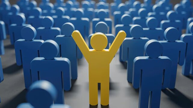 Individuality and Collective: A standout figure emerges from a sea of sameness, embodying uniqueness and leadership, with arms raised in a gesture of unity and empowerment.