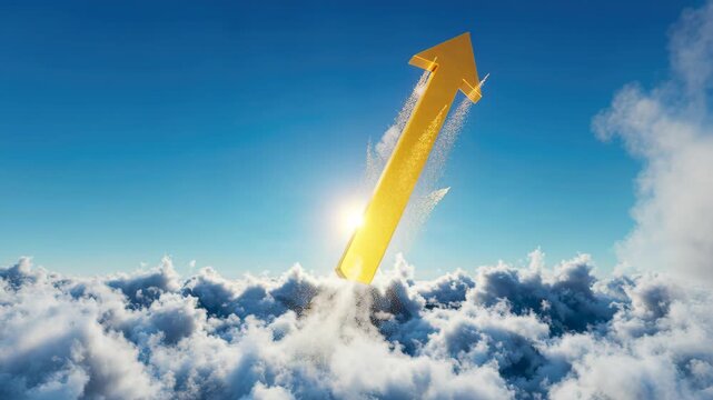 Soaring Ambition: A striking golden arrow pierces through a sea of fluffy clouds, propelled towards the bright sun in the blue sky. It signifies growth and progress.