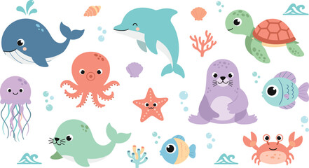 Cute Sea Animals Cartoon Vector Set Featuring Whale, Dolphin, Turtle, Octopus, Jellyfish, Seal, Starfish, Crab and Colorful Ocean Creatures. © MdNazmul