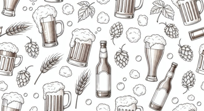 Seamless pattern of hand drawn craft beer elements. Beer mugs, hop cones, barley grains, bottles, and foam bubbles arranged in repeating vintage doodle style, clean background, no text.