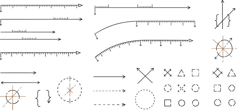 Technical vector illustration set featuring geometric measurement tools rulers arrows and drafting symbols for engineering and mathematical design isolated on white background.