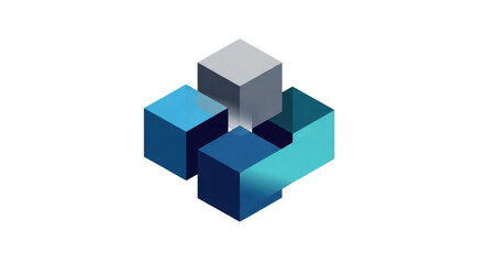 Fototapeta premium Three dimensional interconnected cubes in shades of blue and gray on white background for business concepts