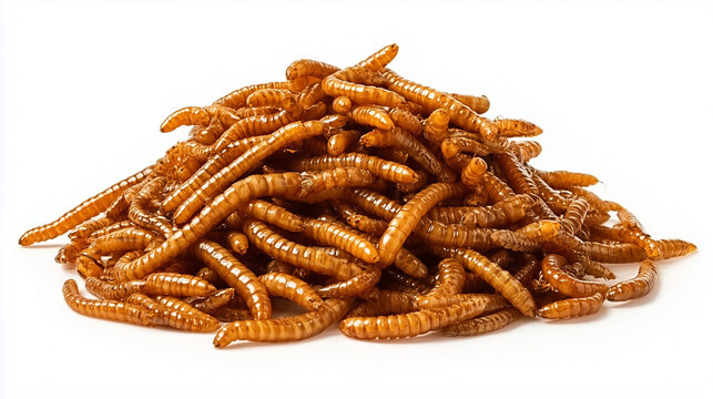 A large pile of dried mealworms isolated on a white background, representing a sustainable alternative protein source for human consumption, animal feed, or fishing bait in a studio setting