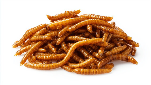 A large pile of dried mealworms, the larvae of the Tenebrio molitor beetle, isolated on a white background, representing a sustainable protein source for human consumption and animal feed