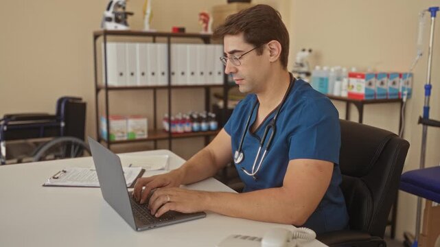 Man doctor typing on laptop, hands on keyboard with stethoscope visible in building; focused professional care.