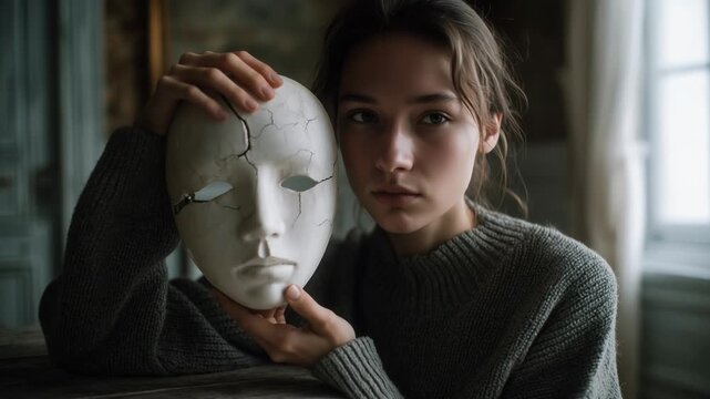 A thoughtful person holds a cracked mask, symbolizing neurodivergent masking and the hidden struggles of social masking in a moody, artistic setting, adhd, autism, audhd