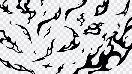 Fototapeta premium Abstract flame shapes isolated on transparent background. Black fire elements forming dynamic circular motion. Vector design element for comics, manga, anime scenes and graphic design.