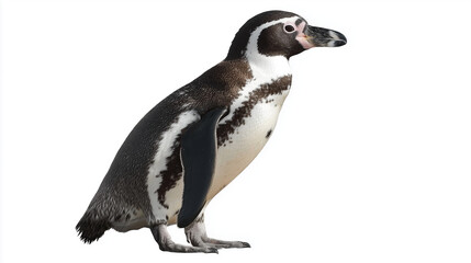 Obraz premium Full body side profile of a Humboldt penguin standing upright against a pure white background, showcasing its unique black and white feather patterns and characteristic pink facial skin