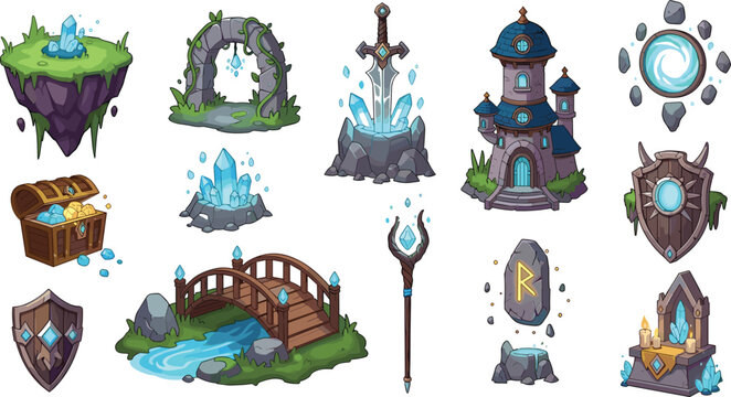 Fantasy game vector asset collection featuring magical crystal floating island medieval tower sword in stone and mystical runes isolated on white background.