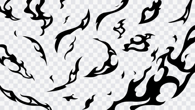 Abstract flame shapes isolated on transparent background. Black fire elements forming dynamic circular motion. Vector design element for comics, manga, anime scenes and graphic design.