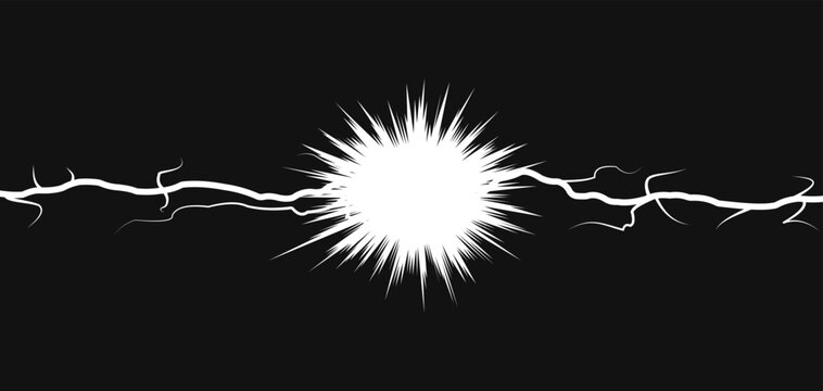 Abstract lightning energy burst with electric lines and bright explosion in the center. Dynamic power effect on dark background. Vector graphic element for comics, manga, anime and action design.