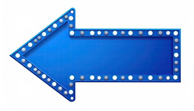 Bright blue arrow pointer illuminated with white bulbs, pointing left against white