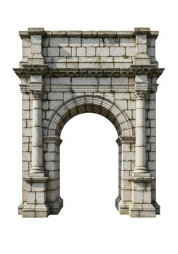massive ancient romanesque triumphal arch of pale gray limestone, detailed weathering and subtle moss, centered against a high-key transparent studio backdrop. concept of historical monumentality and