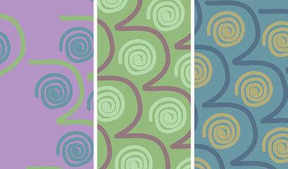 Fototapeta premium Seamless abstract spiral pattern with hand drawn swirls in retro style, playful repeating circular shapes in green purple and blue tones with flat composition