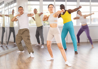 Fototapeta premium Group of multiethnic men and women rehearsing modern dances in studio