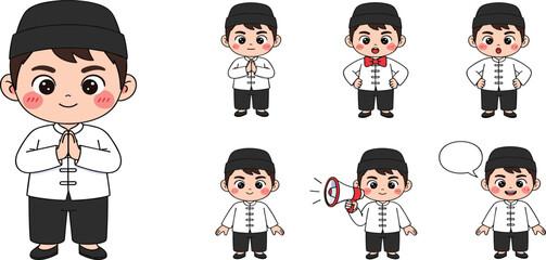 Muslim Boy Character Set in Traditional Islamic Clothing with Different Poses Including Greeting, Speaking and Announcement Cartoon Vector Collection