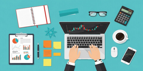 Business Data Analysis Workspace with Laptop Showing Financial Chart, Office Desk with Reports Calculator Coffee and Smartphone, Financial Trading and Analytics Concept