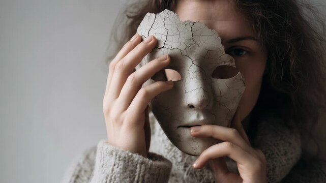 Close-up of a person holding a cracked mask, symbolizing neurodivergent masking, social masking, and hidden emotions in a soft, moody setting