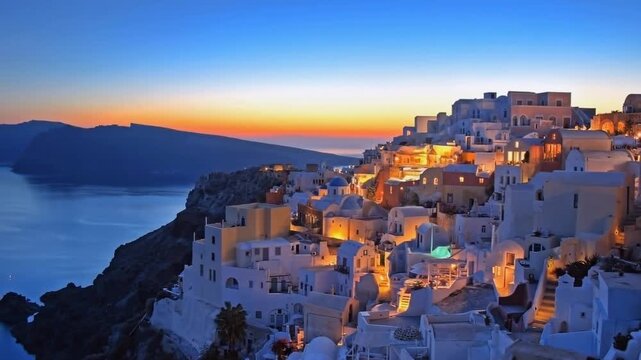 Santorini Greece Sunset Oia Village White Buildings Aegean Sea
