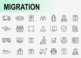 Migration and refugee travel icons set, outline symbols for global immigration border crossing asylum seekers and human movement vector illustration
