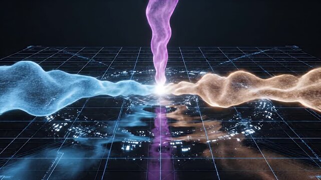 Abstract CGI Representation of Signal Triangulation and Data Merging with Flowing Particles and Digital Grid Interface