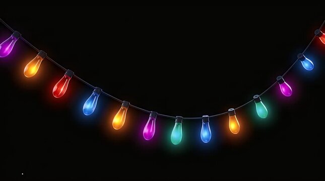 Colorful string lights illuminate the deep darkness creating a festive and vibrant atmosphere perfect for holiday celebrations and decoration projects.