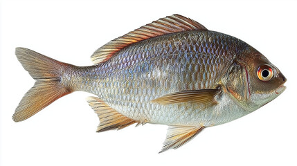 Obraz premium Detailed digital illustration of a red sea bream fish featuring shimmering iridescent scales and vibrant fins isolated on a white background, ideal for seafood menus and marine biology themes