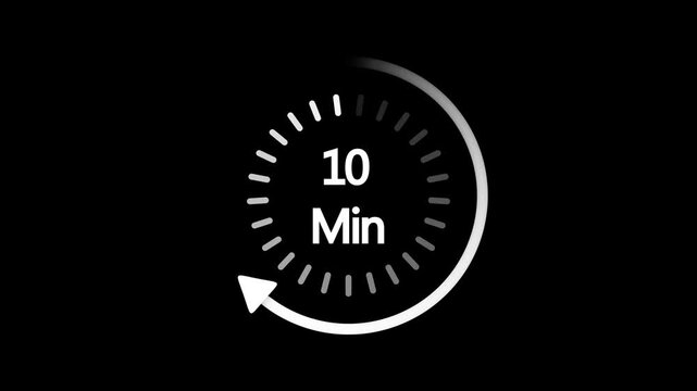 White circular timer indicating ten minutes with a progress indicator and arrow on a black background representing time elapsed or countdown