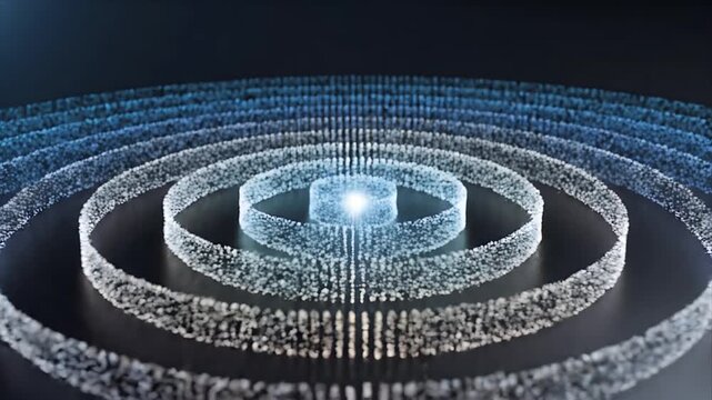 Abstract CGI visualization of interconnected data streams forming concentric circles with a central glowing core representing defense response timing and digital network flow in a dark background