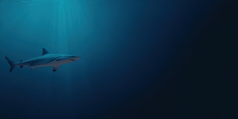 Naklejka premium Minimalist underwater shot of a shark swimming in the deep blue abyss