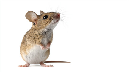A small brown field mouse standing on its hind legs against a white background, looking up with curiosity. This adorable rodent features large ears, long whiskers, and soft fur in a studio setting