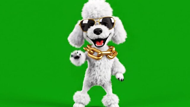 Cool white poodle dog dancing with style, sporting sunglasses and gold chain