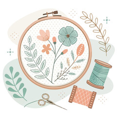 Delightful illustration of an embroidery hoop featuring a delicate floral pattern, accompanied by essential sewing tools for a relaxing craft project © Rimon