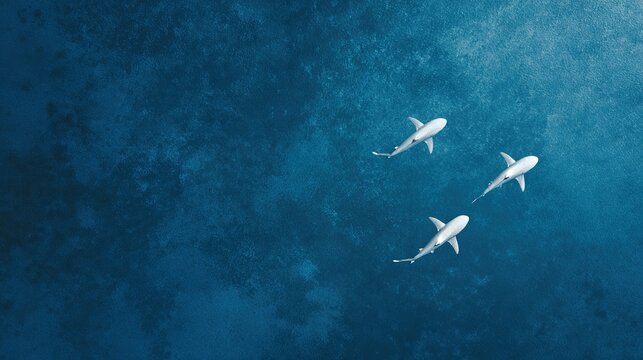 Overhead view of a shark pack swimming in crystal clear turquoise ocean water