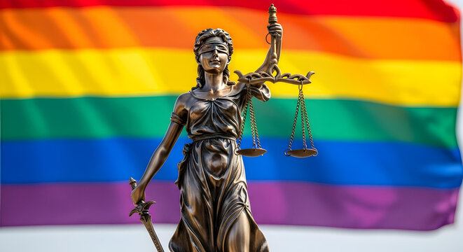 Statue of Justice with rainbow flag symbolizing LGBTQ+ rights and legal equality