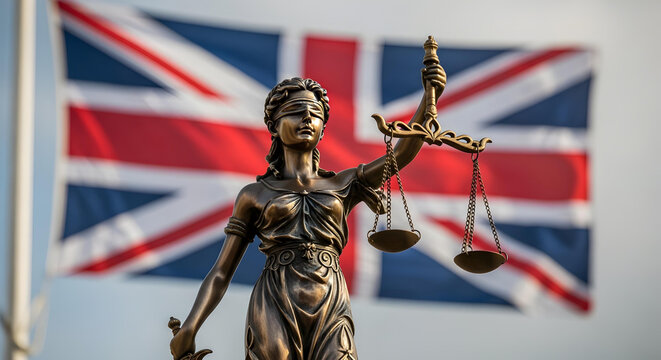 Statue of Justice with the Union Jack flag in the background, symbolizing UK law